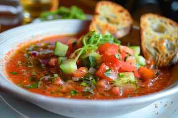 gazpacho light cold reddish soup, selective focus