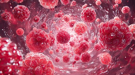 3D illustration of red cancer cells spreading inside human body representing disease, biology, and medicine