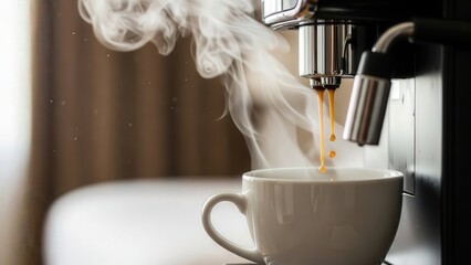 Hot Coffee Cup with Steam from Coffee Machine