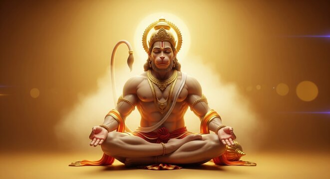 Seated Hanuman Idol. Soft Golden Mist Spiritual 4K Wallpaper.