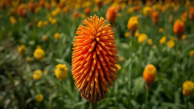 Close-up of red hot poker flower in sunny garden with bokeh background