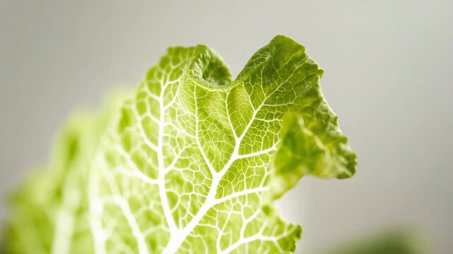 Backlit cabbage leaf close-up revealing veins in soft studio light