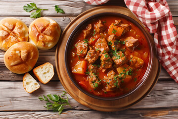 goulash with meat and buns, top view