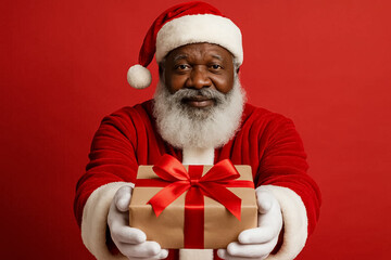 Dark-skinned Santa Claus holding gift box with red ribbon against red background