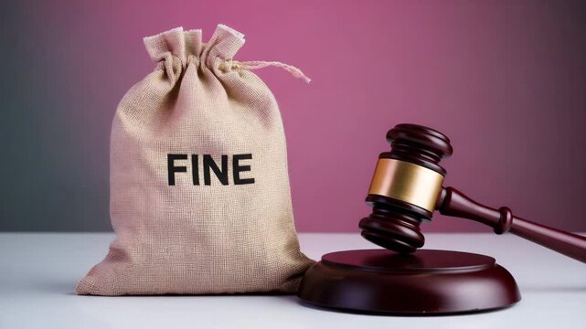 Judge's gavel and money bag labeled fine symbolizing court fines and legal penalty