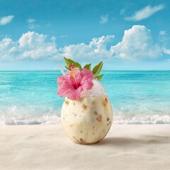 Tropical coconut drink with pink hibiscus flower on sandy beach with turquoise ocean and cloudy sky