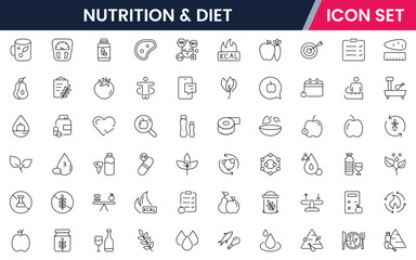 Nutrition and Diet, Healthy Food, and Detox Diet Vector Icons. Contains such Icons as Metabolism, Caunt Calories, Palm oil free, Zero trans fat, Probiotics, and more. Simple Outline icons collection.