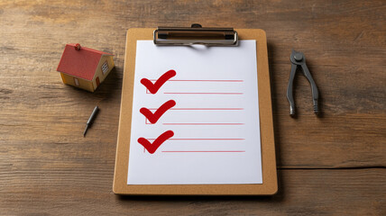 Checklist, clipboard, red check marks, and house model on wooden table for home inspection