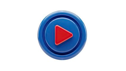 Blue circular button with red triangle play icon centered on a transparent background 3D render