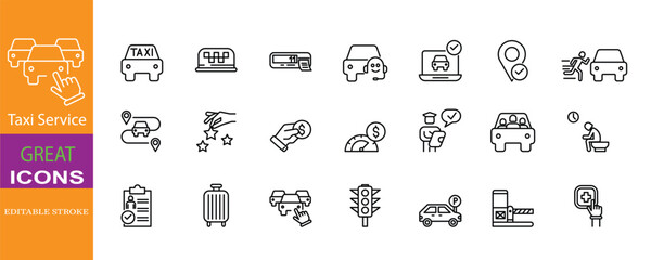 Set of icons for taxi service. Editable stroke. Vector illustration