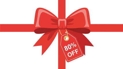 A vibrant red gift ribbon with a bow and a tag displaying an eighty percent off discount