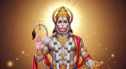 Hanuman Idol Portrait. Golden Aura Glow Spiritual 4K Wallpaper.