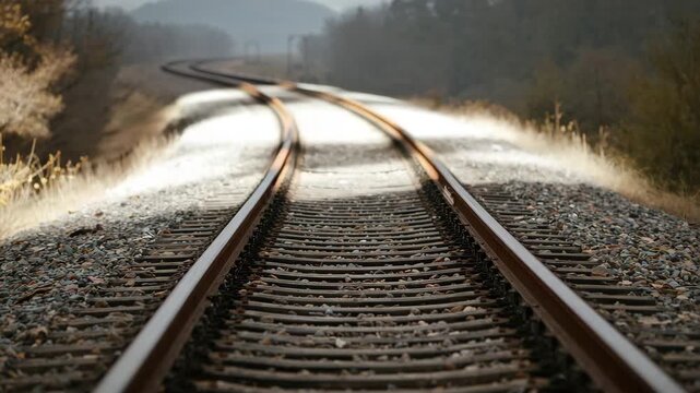 Curving railway tracks through misty countryside in smooth tracking shot