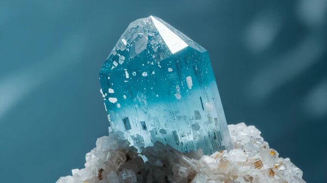 Rotating blue aquamarine crystal on white mineral matrix in studio