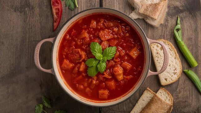 Overhead shot of homemade tomato stew in rustic pot with bread