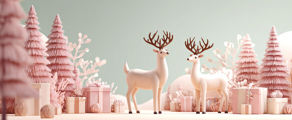 Fototapeta premium Fondo ilustrado que representa un ambiente navideño con una estética limpia, colores pastel y una armoniosa composición invernal. Dos renos blancos rodeados de árboles nevados, regalos pastel y copos 