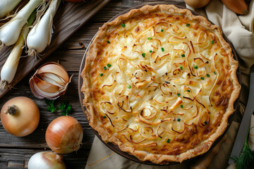 onion pie on table, top view