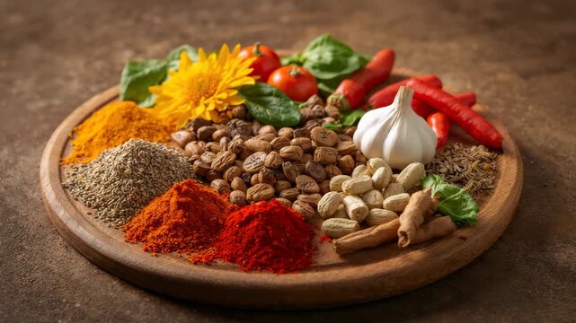 Close-up flat lay of assorted spices nuts and garlic on rustic wooden board