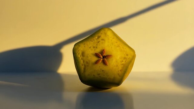 Close-up starfruit slice with shifting golden-hour light on clean studio background