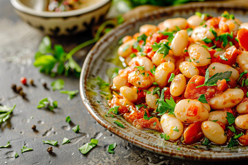 plaki baked beans with tomato sauce and herbs, selective focus
