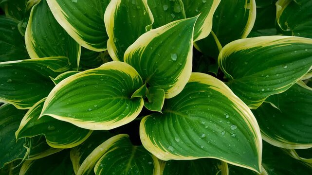 Close-up of variegated hosta leaves with water droplets in garden