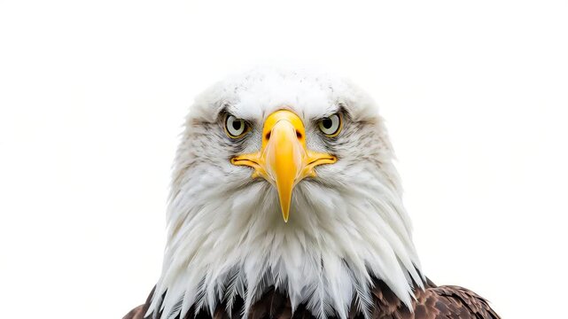 Close-up bald eagle facing camera with intense stare on white background