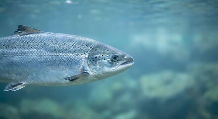 Close-up of an Atlantic salmon swimming gracefully underwater in a serene blue-green aquatic environment.
