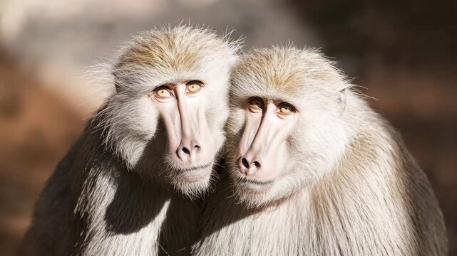 Two baboons grooming and bonding in natural habitat close-up wildlife portrait