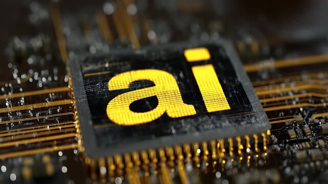 Close up view of artificial intelligence text inscribed on a microchip representing advanced technology and digital innovation in modern computing systems