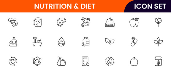 Nutrition and Diet, Healthy Food, and Detox Diet Vector Icons. Contains such Icons as Metabolism, Caunt Calories, Palm oil free, Zero trans fat, Probiotics, and more. Simple Outline icons collection.