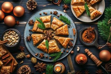 honey baklava on the festive table, top view