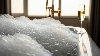 Champagne Bubbles in Glass Close Up Celebration Champagne Glass with Foam