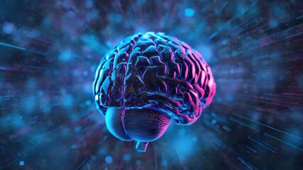 3D neon brain rotating in futuristic digital space representing artificial intelligence and neuroscience - Powered by Adobe