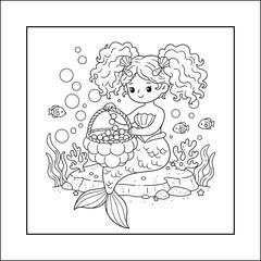 mermaid coloring page line art vector