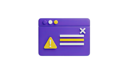 3D Purple Warning Pop Up Window With Yellow Exclamation Mark On Transparent Background Alert Notification Icon And Error Message Display Minimalist Design