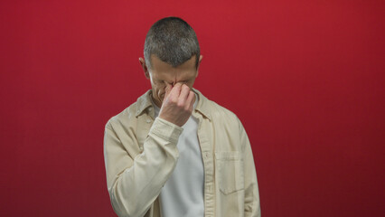 Man holding face in isolated red background expressing stress or worry wearing casual shirt with eyes closed.