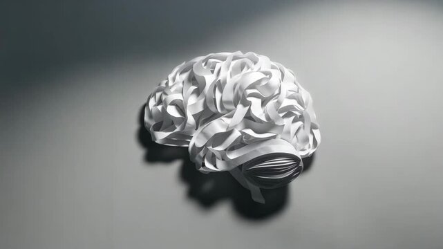 Paper brain sculpture rotating on studio background for ai and neuroscience concepts