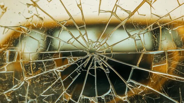 Shattered car windshield with impact hole in golden hour light