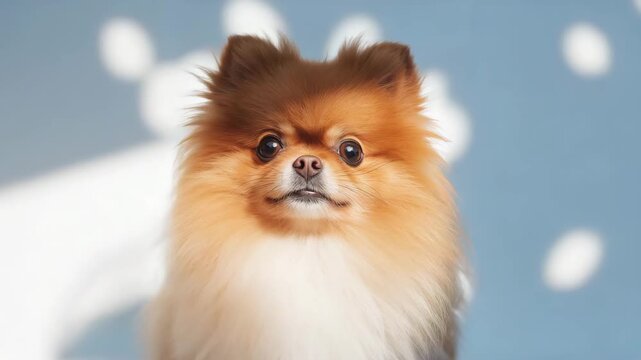 Fluffy pomeranian dog looking at camera in sunlit studio portrait