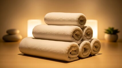 Stacked White Towels in Spa or Wellness Setting with Soft Lighting