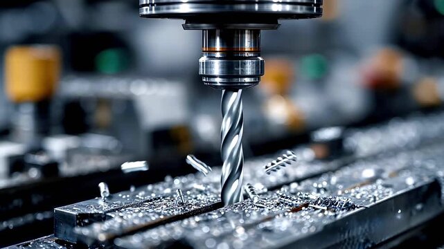 Industrial cnc drilling machine boring a hole into a metal part, creating shavings and swarf. Close up view of the automated manufacturing process in a modern workshop with high precision equipment
