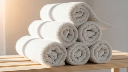 Clean Rolled White Spa Towels Stacked for Bathroom and Wellness