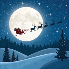Naklejka premium Santa Claus on a sledge in a snowy winter night forest landscape illustration