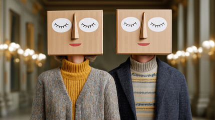 Couple wearing cardboard box masks with facial features standing close together in ornate hallway.