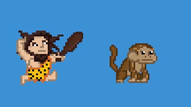 Pixel art style animation with a caveman jumping and a monkey on a blue background, vintage.