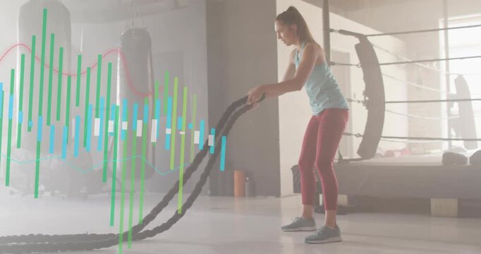 Woman starting battle rope waves in gym animated bars and waveform overlaying left, gaining power