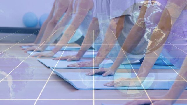 Coach cueing class performing pushups on blue mats with grid and globe overlay, improving fitness