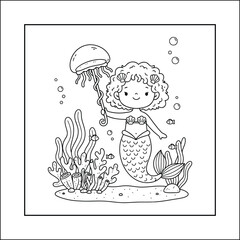 mermaid coloring page line art vector