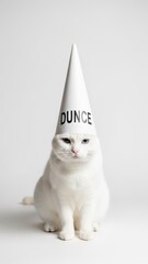 cat wearing a dunce cap hat, dim, dumb, stupid, on a white background, animal photo