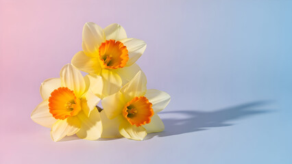 Obraz premium Delicate arrangement of fresh daffodil flowers with soft pastel background emphasizing springtime